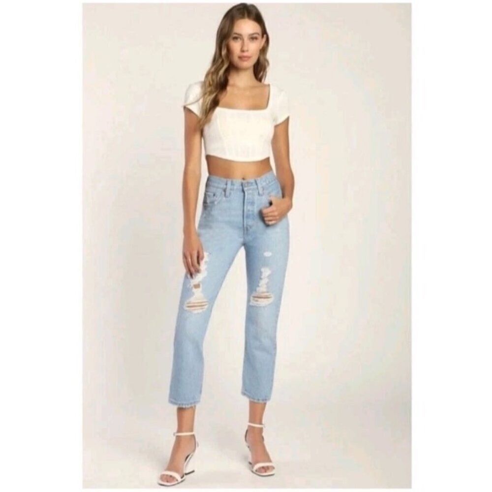 Levi’s Premium 501 Original Crop Jeans Ojai Ring Wash Distressed Size 30
